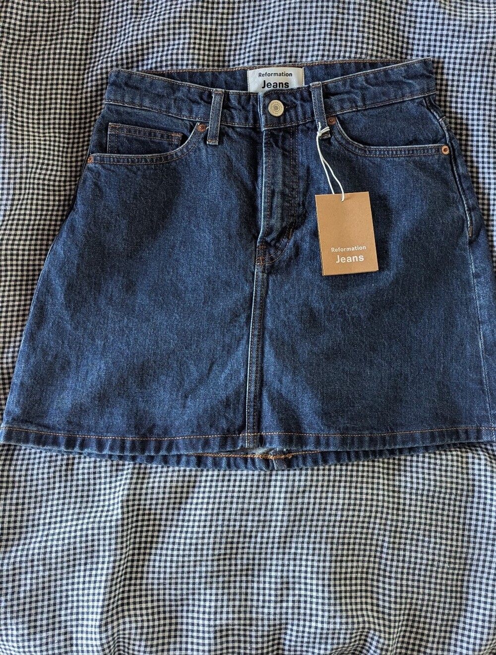 Reformation Indigo Denim A-Line Mini Skirt